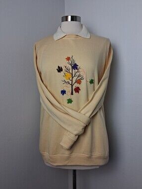 Blair Fall Vintage Cream Collared Embroidered Leaf Tree Pullover Sweatshirt